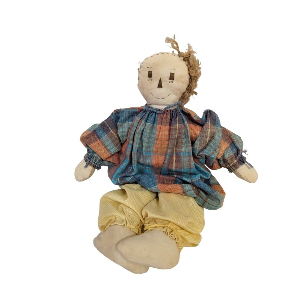 vintage Folk Art Rag Doll Handmade‎ Primitive Doll Hand Sewn Embroidered 12P TLC